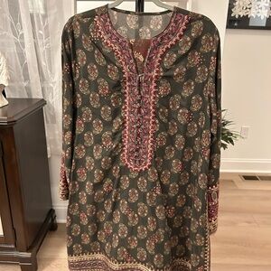 Elegant Green and Pink Patterned Tunic Pakistani Ethnic Dress